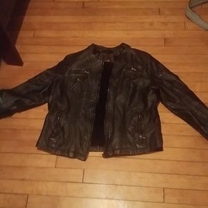 Black fo leather jacket with gray attachable hood